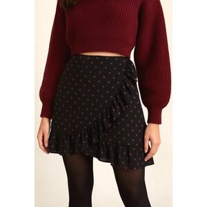 Lovers + Friends Black and Mauve Polka Dot Mini Ruffle Skirt Size Small Coquette